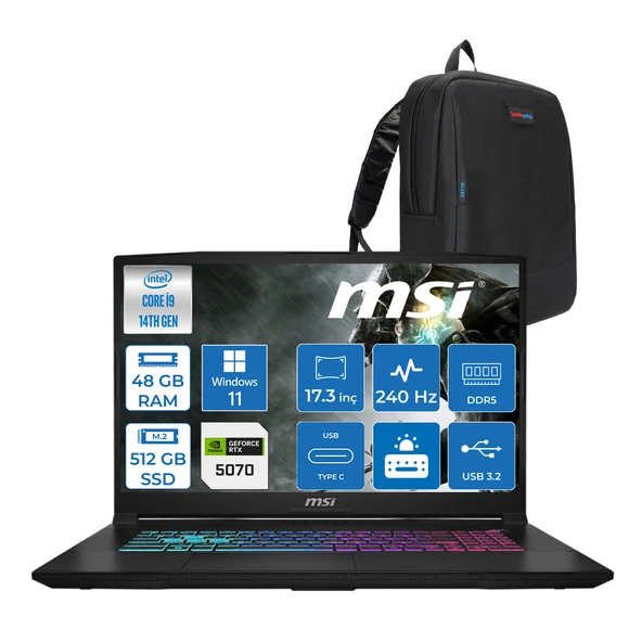 Msı Katana 17 Hx B14WGK-048XTR 14. Nesil Intel İ9-14900HX 48GB Ddr5 512GB SSD 8GB/RTX5070 115W 17.3" Qhd (2560*1440), 240Hz IPS Windows 11 Home Gaming Bilg. W048XTRH12+ZETTAÇANTA ürün görseli 1