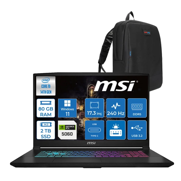 Msı Katana 17 Hx B14WGK-048XTR 14. Nesil Intel İ9-14900HX 80GB Ddr5 2tb SSD 8GB/RTX5070 115W 17.3" Qhd (2560*1440), 240Hz IPS Windows 11 Pro Gaming Bilg. W048XTRP24+ZETTAÇANTA ürün görseli 1