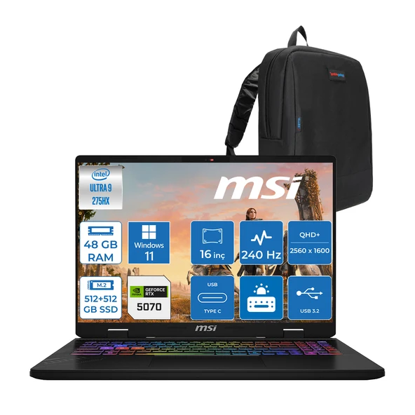 Msı Crosshaır 16 Hx Aı WD2XWGKG Intel Core Ultra 9-275HX  Aı 48GB GB 512GB SSD+512GB SSD  8GB/RTX5070 115W 16″ 16:10 QHD+(2560 x 1600), 240Hz IPS WIN11HOME Gaming Laptop W047XTRH18+ZETTAÇANTA ürün görseli 1