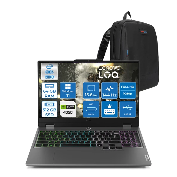 Lenovo Loq 15IAX9 Intel Core I5 12600HX 64GB Ddr5 512GB SSD 6GB/RTX4050 105W IPS 300NITS 144Hz WIN11HOME 15.6" Fhd Taşınabilir Bilgisayar W83GS00PETRH21+ZETTAÇANTA ürün görseli 1