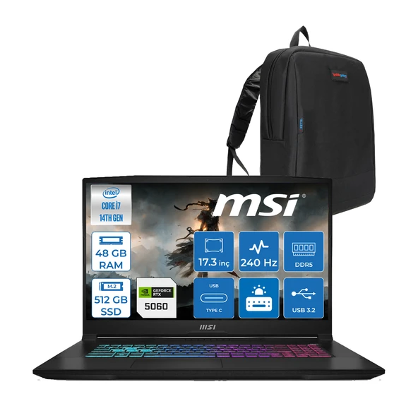 Msı Katana 17 Hx B14WFK-215XTR 14. Nesil Intel I7-14650HX 48GB Ddr5 512GB SSD 8GB/RTX5060 115W 17.3" Qhd (2560*1440), 240Hz IPS Freedos Taşınabilir Bilgisayar. W215XTRF12+ZETTAÇANTA ürün görseli 1