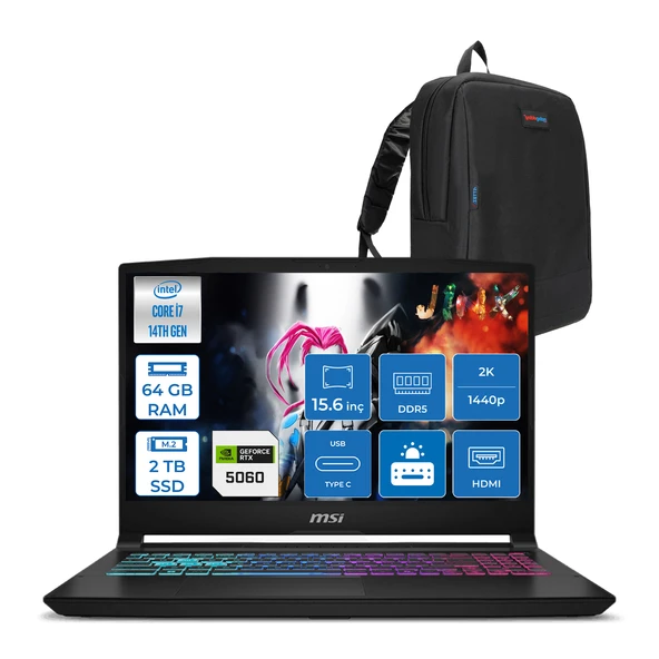 Msı Katana 15 Hx B14WFK-449XTR 14. Nesil Intel İ7-14650HX 64GB Ddr5 2tb SSD 8GB/RTX5060 115W 15.6" Qhd 2560X1440 165Hz IPS Freedos Taşınabilir Bilgisayar. W449XTRF19+ZETTAÇANTA ürün görseli 1