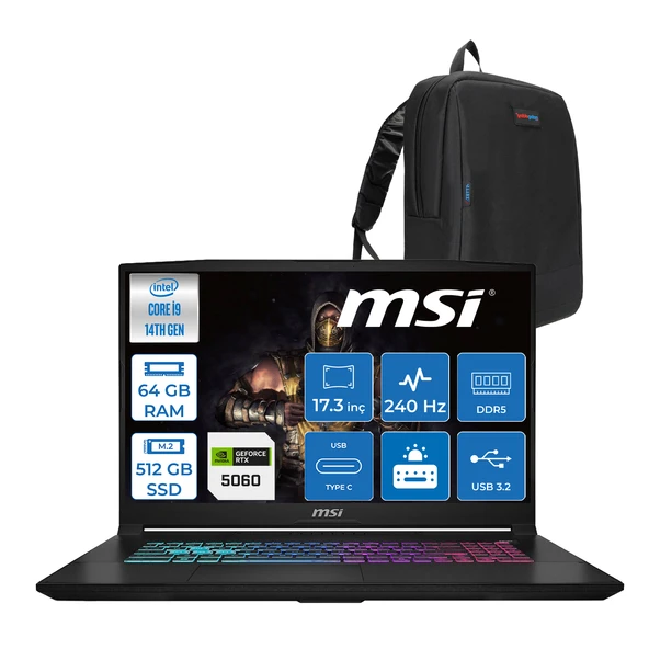 Msı Katana 17 Hx B14WFK-217TR 14. Nesil Intel İ9-14900HX 64GB Ddr5 512GB SSD 8GB/RTX5060 115W 17.3" Qhd (2560*1440), 240Hz IPS Freedos Taşınabilir Bilgisayar. W217TRF17+ZETTAÇANTA ürün görseli 1