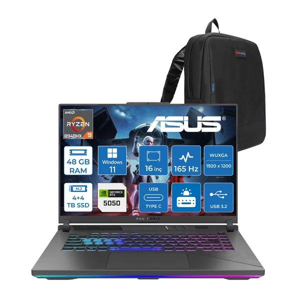 Asus Rog Strix G16 G614PH Amd Ryzen 9 8940HX Aı 48GB GB 4tb Ssd+4tbssd 8GB/RTX5050 Gddr7 115W 16" Wuxga 165Hz 300NİTS  Windows 11 Home Taşınabilir Bilgisayar WARV057H24+ZETTAÇANTA ürün görseli 1