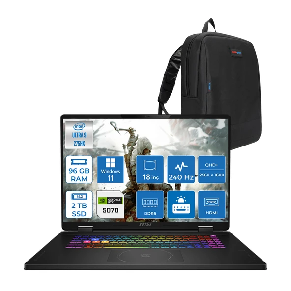 Msı Crosshaır 18 Hx Aı A2XWGKG-032XTR Intel Core Ultra 9-275HX Aı 96GB 2tb SSD 8GB/RTX5070  18"2.5k (2560 x 1600, Wqxga) 240Hz  Windows 11 Home Taşınabilir Bilgisayar W032XTRH45+ZETTAÇANTA ürün görseli 1