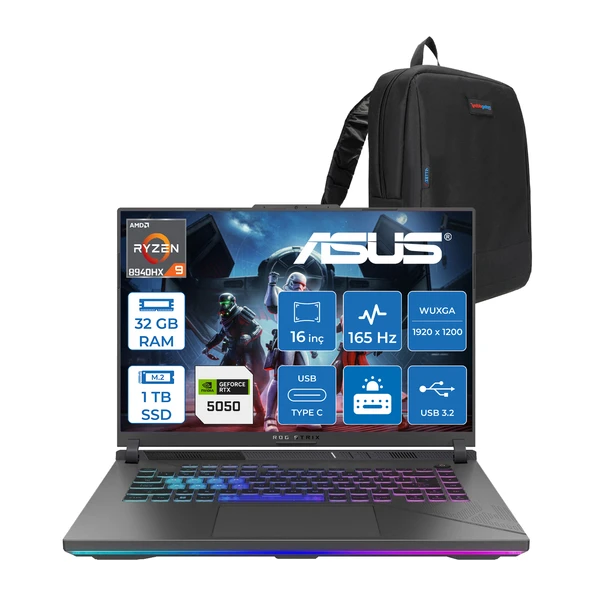 Asus Rog Strix G16 G614PH Amd Ryzen 9 8940HX Aı 32GB GB 1tb SSD 8GB/RTX5050 Gddr7 115W 16" Wuxga 165Hz 300NİTS  Freedos Taşınabilir Bilgisayar WARV057F11+ZETTAÇANTA ürün görseli 1