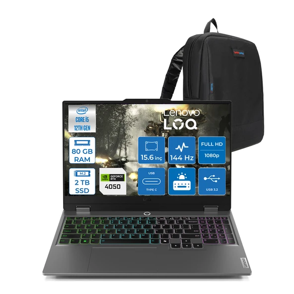 Lenovo Loq 15IAX9 Intel Core I5 12600HX 80GB Ddr5 2tb SSD 6GB/RTX4050 105W IPS 300NITS 144Hz Freedos 15.6" Fhd Freedos Taşınabilir Bilgisayar W83GS00PETRF27+ZETTAÇANTA ürün görseli 1