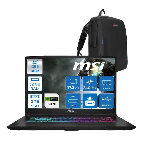 Msı Katana 17 Hx B14WGK-048XTR 14. Nesil Intel İ9-14900HX 32GB Ddr5 2tb SSD 8GB/RTX5070 115W 17.3" Qhd (2560*1440), 240Hz IPS Freedos Gaming Bilg. W048XTRF09+ZETTAÇANTA ürün görseli 1