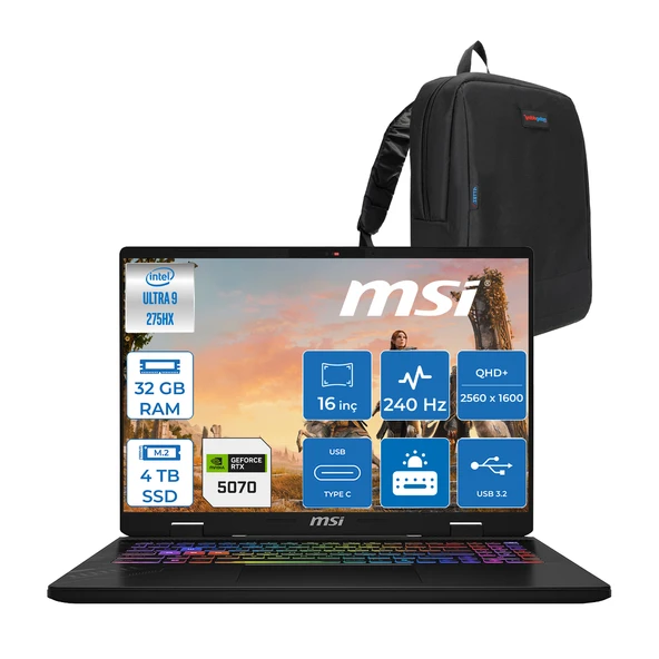 Msı Crosshaır 16 Hx Aı WD2XWGKG Intel Core Ultra 9-275HX  Aı 32GB GB 4tb SSD 8GB/RTX5070 115W 16″ 16:10 QHD+(2560 x 1600), 240Hz IPS Freedos Taşınabilir Bilgisayar W047XTRF15+ZETTAÇANTA ürün görseli 1