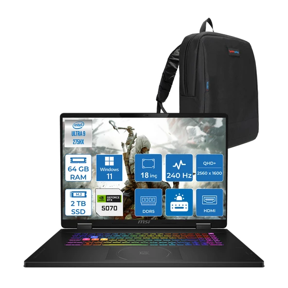 Msı Crosshaır 18 Hx Aı A2XWGKG-032XTR Intel Core Ultra 9-275HX Aı 64GB 2tb SSD 8GB/RTX5070  18"2.5k (2560 x 1600, Wqxga) 240Hz  Windows 11 Home Taşınabilir Bilgisayar W032XTRH29+ZETTAÇANTA ürün görseli 1