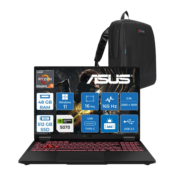 Asus Tuf Gaming A16 FA608PP Amd Ryzen 9 8940HX Aı 48GB Ddr5 512GB SSD 8GB/RTX5070 115W 165Hz 16"wqxga 2.5k 400NITS IPS Windows 11 Pro Gaming Bilg. WQT060P12+ZETTAÇANTA ürün görseli 1