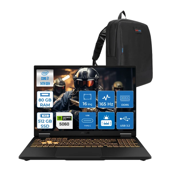 Asus Tuf Gaming F16 FX608JMR 14. Nesil Intel I7-14650HX 80GB Ddr5 512GB SSD 8GB/RTX5060 115W 165Hz 16"wuxga Fhd+ 300NITS IPS Freedos Gaming Bilg. WRV077F22+ZETTAÇANTA ürün görseli 1
