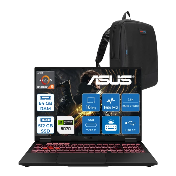 Asus Tuf Gaming A16 FA608PP Amd Ryzen 9 8940HX Aı 64GB Ddr5 512GB SSD 8GB/RTX5070 115W 165Hz 16"wqxga 2.5k 400NITS IPS Freedos Gaming Bilg. WQT060F17+ZETTAÇANTA ürün görseli 1