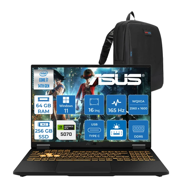 Asus Tuf Gaming F16 FX608JPR 14. Nesil Intel I7-14650HX 64GB Ddr5 256GB SSD 8GB/RTX5070 115W 165Hz 16"wqxga 2.5k 400NITS IPS Windows 11 Home Gaming Bilg. WQT070H16+ZETTAÇANTA ürün görseli 1