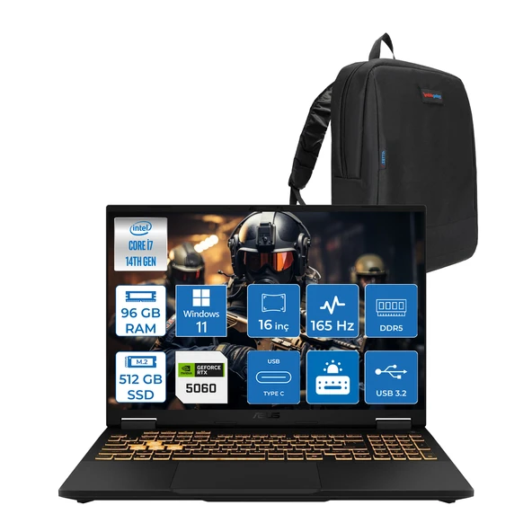 Asus Tuf Gaming F16 FX608JMR 14. Nesil Intel I7-14650HX 96GB Ddr5 512GB SSD 8GB/RTX5060 115W 165Hz 16"wuxga Fhd+ 300NITS IPS WIN11PRO Gaming Bilg. WRV077P27+ZETTAÇANTA ürün görseli 1