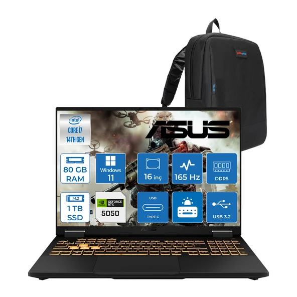 Asus Tuf Gaming F16 FX608JHR 14. Nesil Intel I7-14650HX 80GB Ddr5 1tb SSD 8GB/RTX5050 115W 165Hz 16"wuxga Fhd+ 300NITS IPS WIN11HOME Gaming Bilg. WRV055H23+ZETTAÇANTA ürün görseli 1