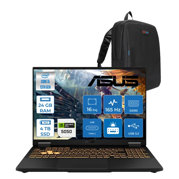 Asus Tuf Gaming F16 FX608JH 13.nesil Intel İ5-13450HX 24GB Ddr5 4tb SSD 8GB/RTX5050 115W 165Hz 16"wuxga Fhd+ 300NITS IPS Freedos Gaming Bilg. WRV082F05+ZETTAÇANTA ürün görseli 1