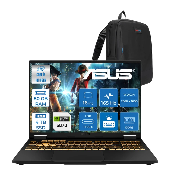 Asus Tuf Gaming F16 FX608JPR 14. Nesil Intel I7-14650HX 80GB Ddr5 4tb SSD 8GB/RTX5070 115W 165Hz 16"wqxga 2.5k 400NITS IPS Freedos Gaming Bilg. WQT070F25+ZETTAÇANTA ürün görseli 1