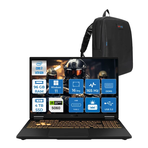 Asus Tuf Gaming F16 FX608JMR 14. Nesil Intel I7-14650HX 96GB Ddr5 4tb SSD 8GB/RTX5060 115W 165Hz 16"wuxga Fhd+ 300NITS IPS WIN11PRO Gaming Bilg. WRV077P30+ZETTAÇANTA ürün görseli 1