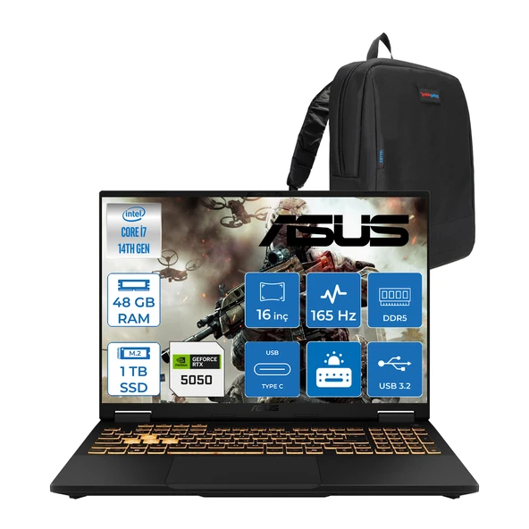 Asus Tuf Gaming F16 FX608JHR 14. Nesil Intel I7-14650HX 48GB Ddr5 1tb SSD 8GB/RTX5050 115W 165Hz 16"wuxga Fhd+ 300NITS IPS Freedos Gaming Bilg. WRV055F13+ZETTAÇANTA ürün görseli 1