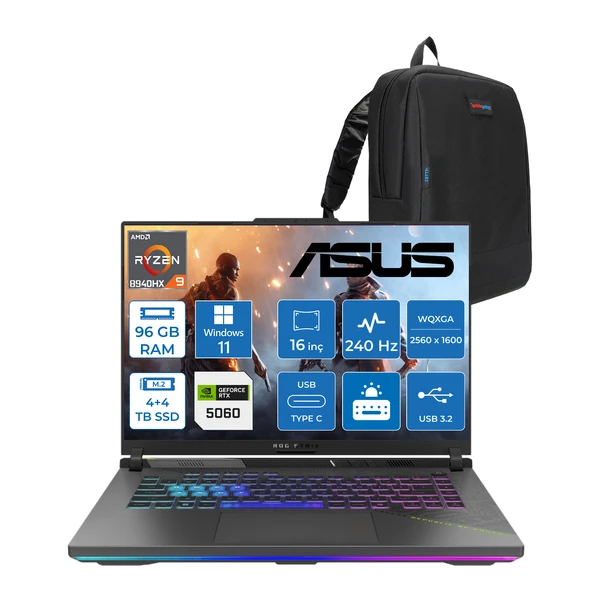 Asus Rog Strix G16 G614PM-S5062 Amd Ryzen 9 8940HX Aı 96GB GB 4tb SSD +4tb SSD 8GB/RTX5060 Gddr7 115W 16"/ 2.5k (2560 x 1600, Wqxga) 3ms 240Hz, 500 Nits WINDOWS11PRO Gaming WS5062W48+ZETTAÇANTA ürün görseli 1