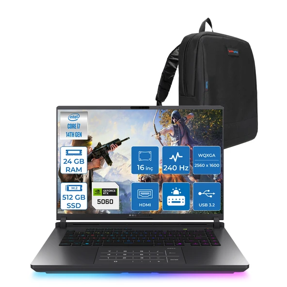 Asus Rog Strix G16 G615JMR-S5049 Intel® Core™ I7 14650HX 24GB 512GB SSD 8GB/RTX5060 Gddr7 115W 16 Inç 2,5k (2560 x 1600, Wqxga) 240Hz 3ms  Freedos Gaming Laptop WS5049F01+ZETTAÇANTA ürün görseli 1