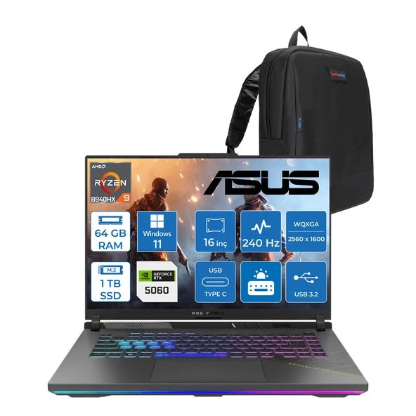 Asus Rog Strix G16 G614PM-S5062 Amd Ryzen 9 8940HX Aı 64GB GB 1tb SSD 8GB/RTX5060 Gddr7 115W 16"/ 2.5k (2560 x 1600, Wqxga) 3ms 240Hz, 500 Nits Windows 11 Pro Gaming Laptop WS5062W27+ZETTAÇANTA ürün görseli 1