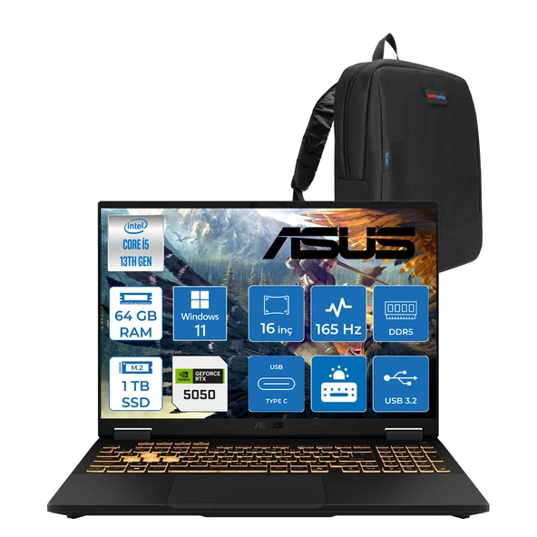 Asus Tuf Gaming F16 FX608JH 13.nesil Intel İ5-13450HX 64GB Ddr5 1tb SSD 8GB/RTX5050 115W 165Hz 16"wuxga Fhd+ 300NITS IPS WIN11PRO Gaming Bilg. WRV082P18+ZETTAÇANTA ürün görseli 1