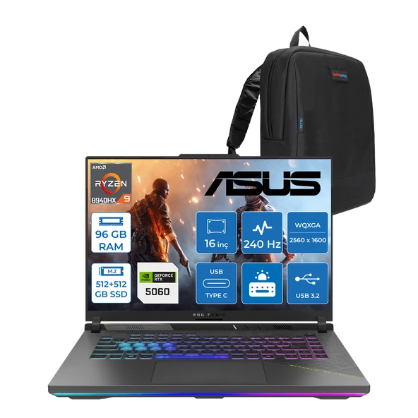 Asus Rog Strix G16 G614PM-S5062 Amd Ryzen 9 8940HX Aı 96GB GB 512GB SSD+512GB SSD 8GB/RTX5060 Gddr7 115W 16"/ 2.5k (2560 x 1600, Wqxga) 3ms 240Hz, 500 Nits Freedos Gaming Laptop WS5062F42+ZETTAÇANTA ürün görseli 1