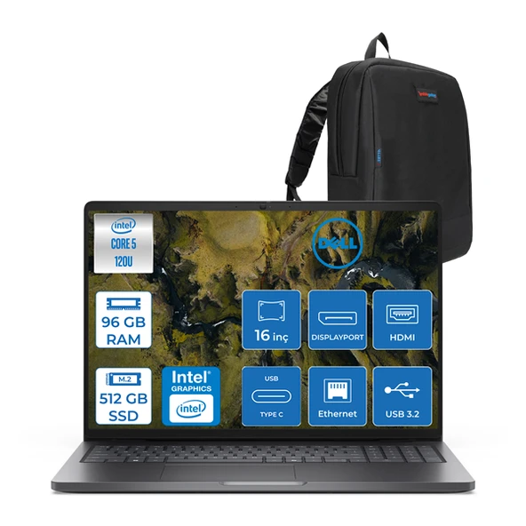 Dell Pro 16 Xcto Ultra Core 5 120U 96GB Ddr5 512GB SSD Intel Graphics 16" Fhd+ 300NIT Ubuntu Taşınabilir Bilgisayar XCTOPRO16UI5F21 + Zettaçanta ürün görseli 1