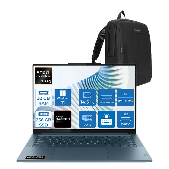 Lenovo Yoga Pro 7 14AKP10  Amd Ryzen Aı 7 350 32GB Ram 256GB SSD 14.5" 3k (2944X1840) OLED 1000NITS WIN11HOME Taşınabilir Bilgisayar YG83KG000GTRH01+ZETTAÇANTA ürün görseli 1