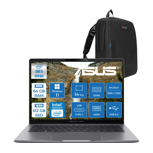Asus Expertbook P3 P3405CVA Intel Core I5-13420H 64GB Ddr5 512GB SSD Windows 11 Pro 14" 300NITS Wuxga Intel UHD Taşınabilir Bilgisayar WP3405CVAP022+ZETTAÇANTA ürün görseli 1