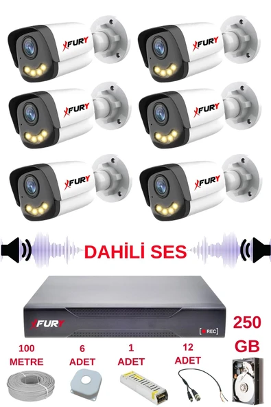 FURY 6 lı Sesli Gece Renkli Görüş Güvenlik Kamerası Su Geçirmez Güvenlik Kamerası Seti 5590s 250GB ürün görseli 1