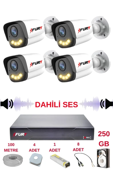 FURY 4 LÜ Sesli Gece Renkli Görüş Güvenlik Kamerası Su Geçirmez Güvenlik Kamerası Seti 5590s 250GB ürün görseli 1