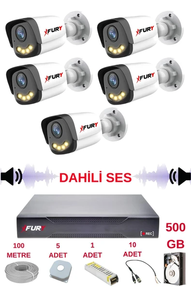 FURY 5 li Sesli Gece Renkli Görüş Güvenlik Kamerası Su Geçirmez Güvenlik Kamerası Seti 5590s 500GB ürün görseli 1