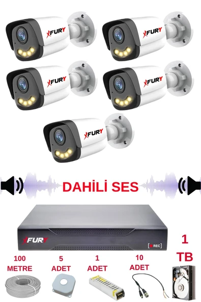 FURY 5 li Sesli Gece Renkli Görüş Güvenlik Kamerası Su Geçirmez Güvenlik Kamerası Seti 5590s 1TB ürün görseli 1