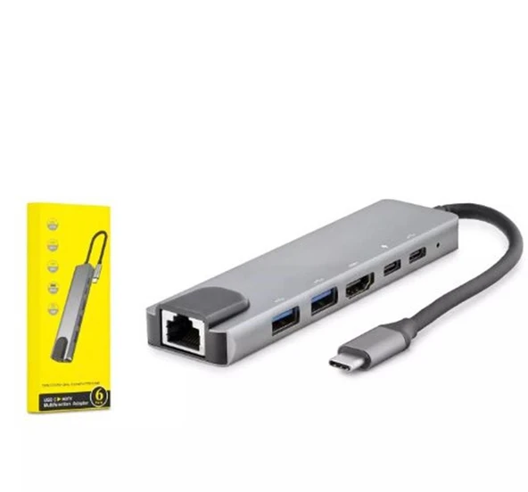 HADRON HDX7791 TYPE-C HDTV COMBO HDMI 4K 30HZ + 2-TYPE-C + 2-USB3.0 + LAN 6IN1 GRİ ürün görseli 1