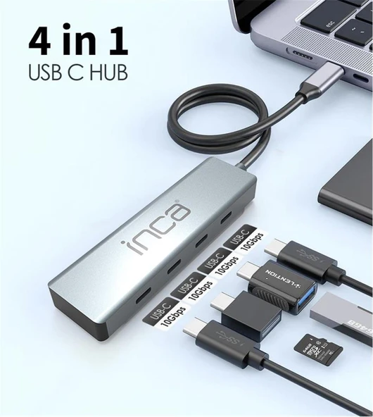 Inca ITPT-4TX 4 Port Type-C 3.1 Veri ile3.1 10 Gbps Type-C Çoklayıcı Kablo uzunluğu 15cm ürün görseli 1