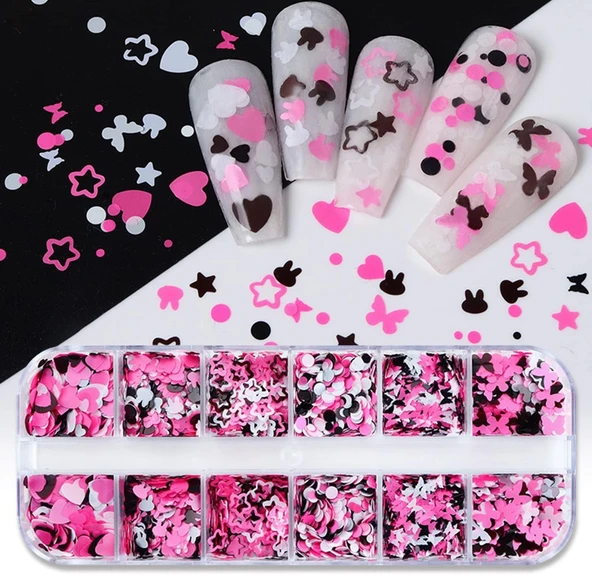 Pembe Beyaz Tırnak Süsleme Folyo Pulları Karışık Dizayn Kelebek Kalp Tavşan Nail Art ürün görseli 1