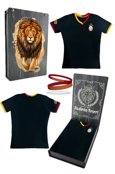 Galatasaray Orijinal Lisanslı 5 Yıldızlı Siyah Basic Çocuk T-shirt + Bileklik Set Hediyel Ahşap Kutu ürün görseli 1