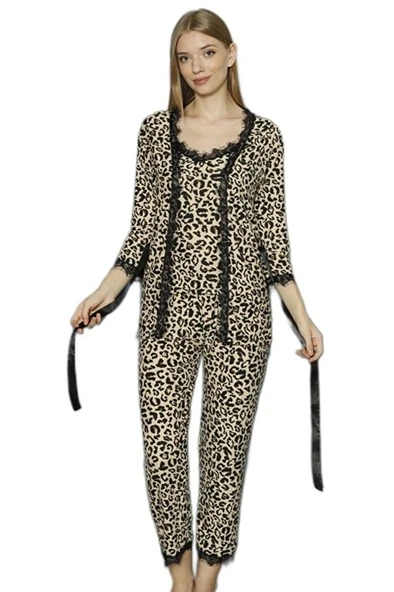 Leopar Şıklığıyla 3’lü Set Pamuklu Kadın Pijama Takımı ürün görseli 1