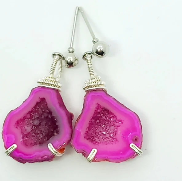 2070 Pembe renkli druzeli kristal Jeod el yapımı küpe ürün görseli 1