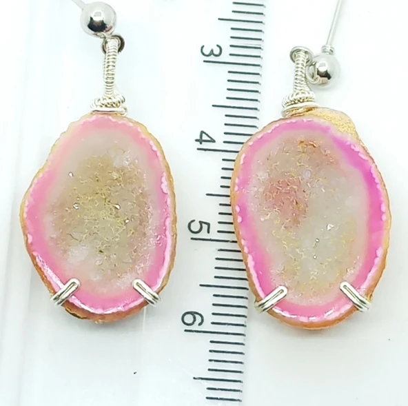 2069 Açık pembe druzeli kristal Jeod el yapımı küpe ürün görseli 1