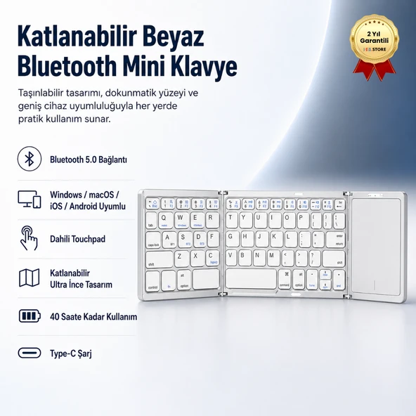 Katlanabilir Beyaz Her Cihaza Bluetooth İle Uyumlu Portatif  Taşınabilir Dokunmatik Mini Klavye ürün görseli 1