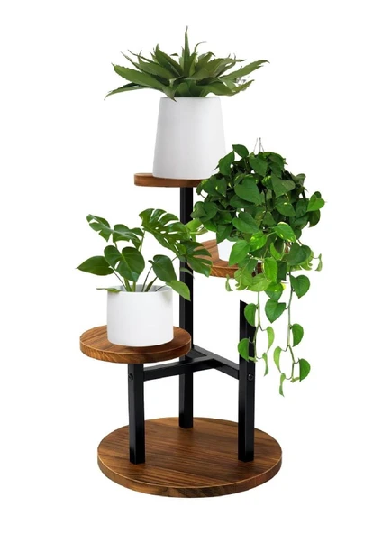 Çiçeklik 3 Raflı Saksılık Dekoratif 3 Raflı Çiçeklik Metal Doğal Ahşap Saksılık Çiçek Rafı Daire Model ürün görseli 1