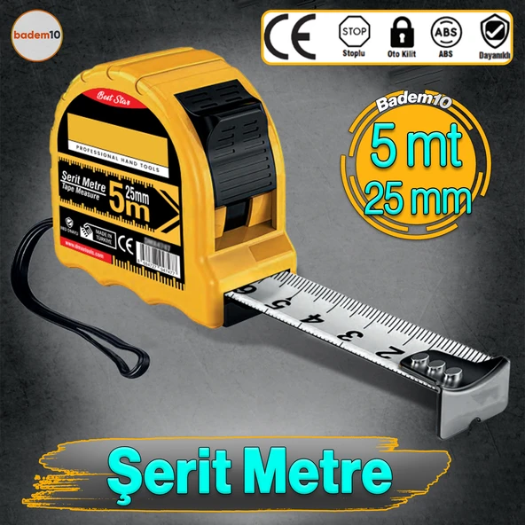 Şantiye Şerit Metre Darbeye Dayanıklı Kilitli 5 Metre x 25 mm Oto Kilitli Mezura Ölçüm Aleti ürün görseli 1