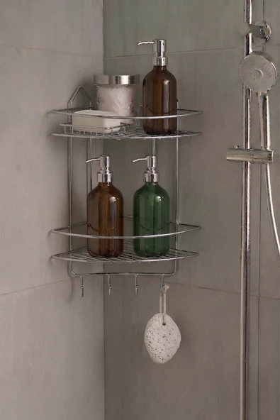 Banyo Köşe Rafı Askılı Duş Organizeri ve Şampuanlık 2 Katlı - 4 Askılı Krom EK-02 ürün görseli 1