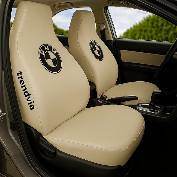 Penye Kumaş Açık Bej Oto Koltuk Kılıfı Ön Arka Takım BMW Logolu ürün görseli 1