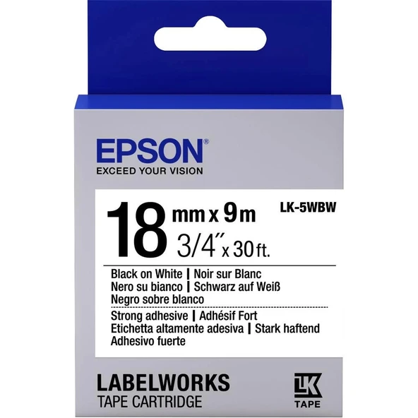 Epson LK-5WBW Güçlü Yapışkanlı Beyaz Üzeri Siyah 18mm 9Metre Etiket ürün görseli 1