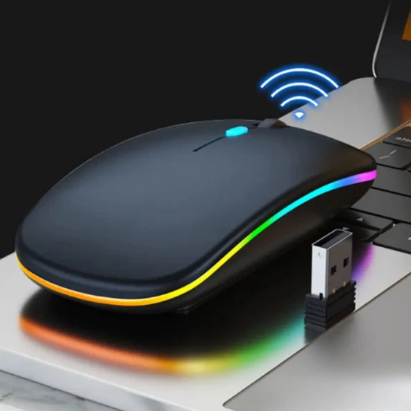 KABLOSUZ BLUETOOTH RGB LED'li SESSİZ MOUSE (FARE), ŞARJ EDİLEBİLİR, ERGONOMİK TASARIM ürün görseli 1